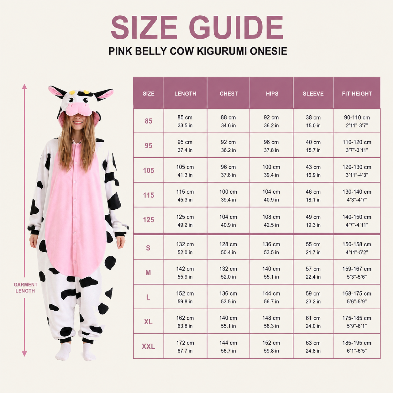 Pink Belly Cow Kigurumi Onesie - size guide