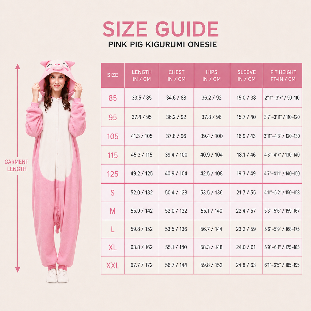 Pink Pig Kigurumi Onesie - size guide
