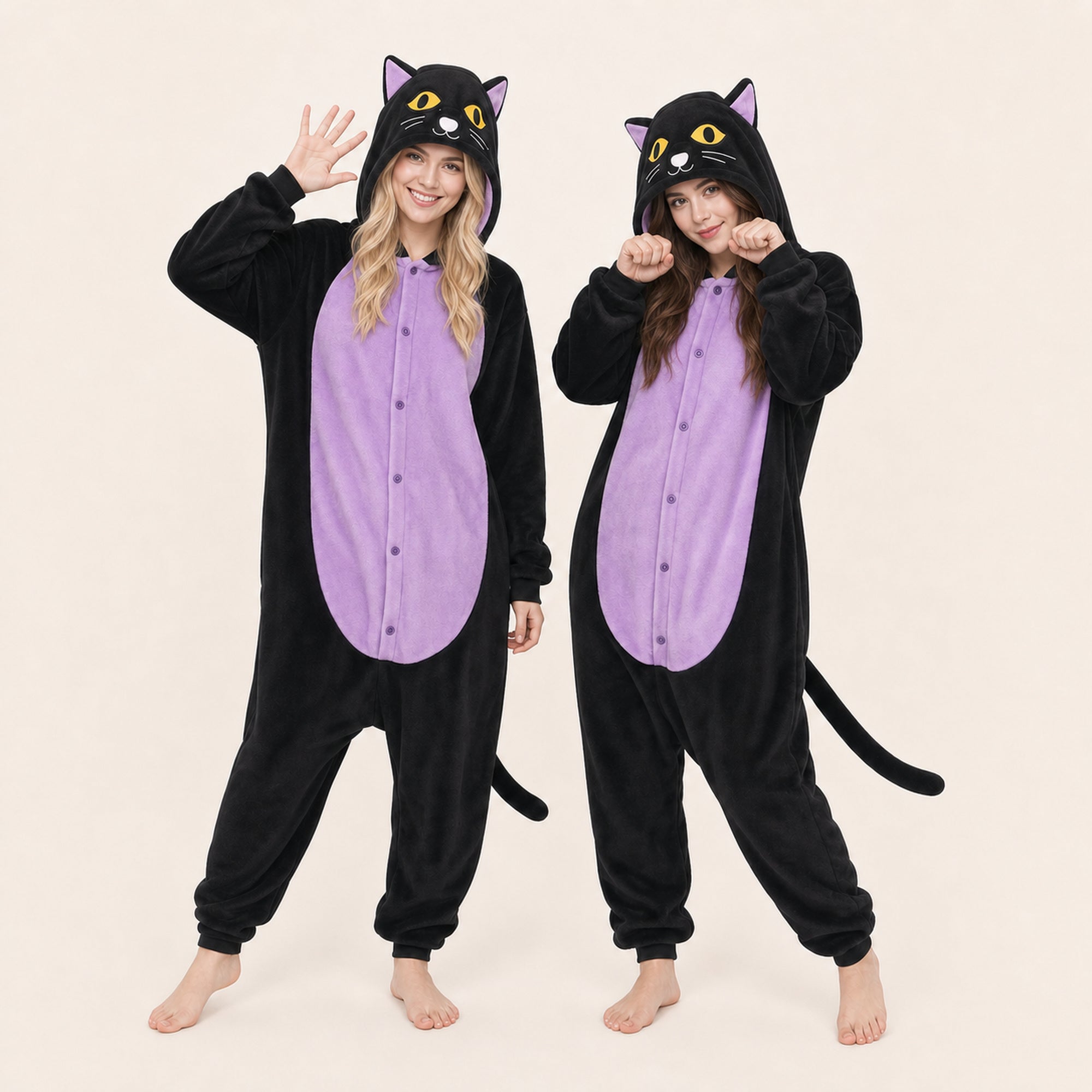 Leoxa black and purple cat kigurumi onesie — 04 matching colors us model