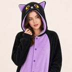 Leoxa black and purple cat kigurumi onesie — 07 feature details us model