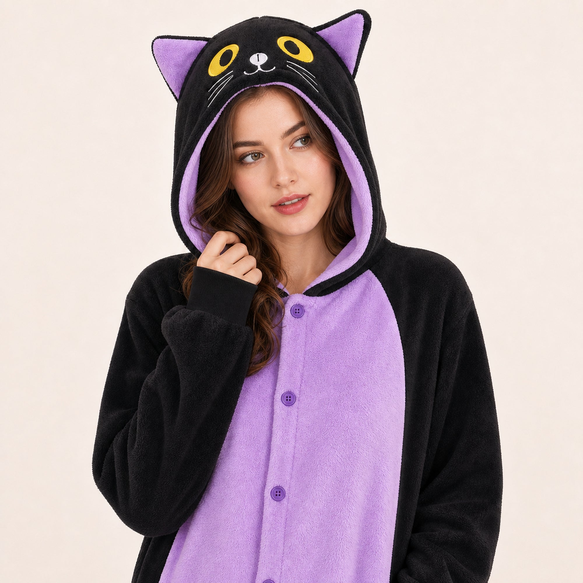 Leoxa black and purple cat kigurumi onesie — 07 feature details us model