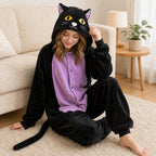 Leoxa black and purple cat kigurumi onesie — 09 lifestyle us model