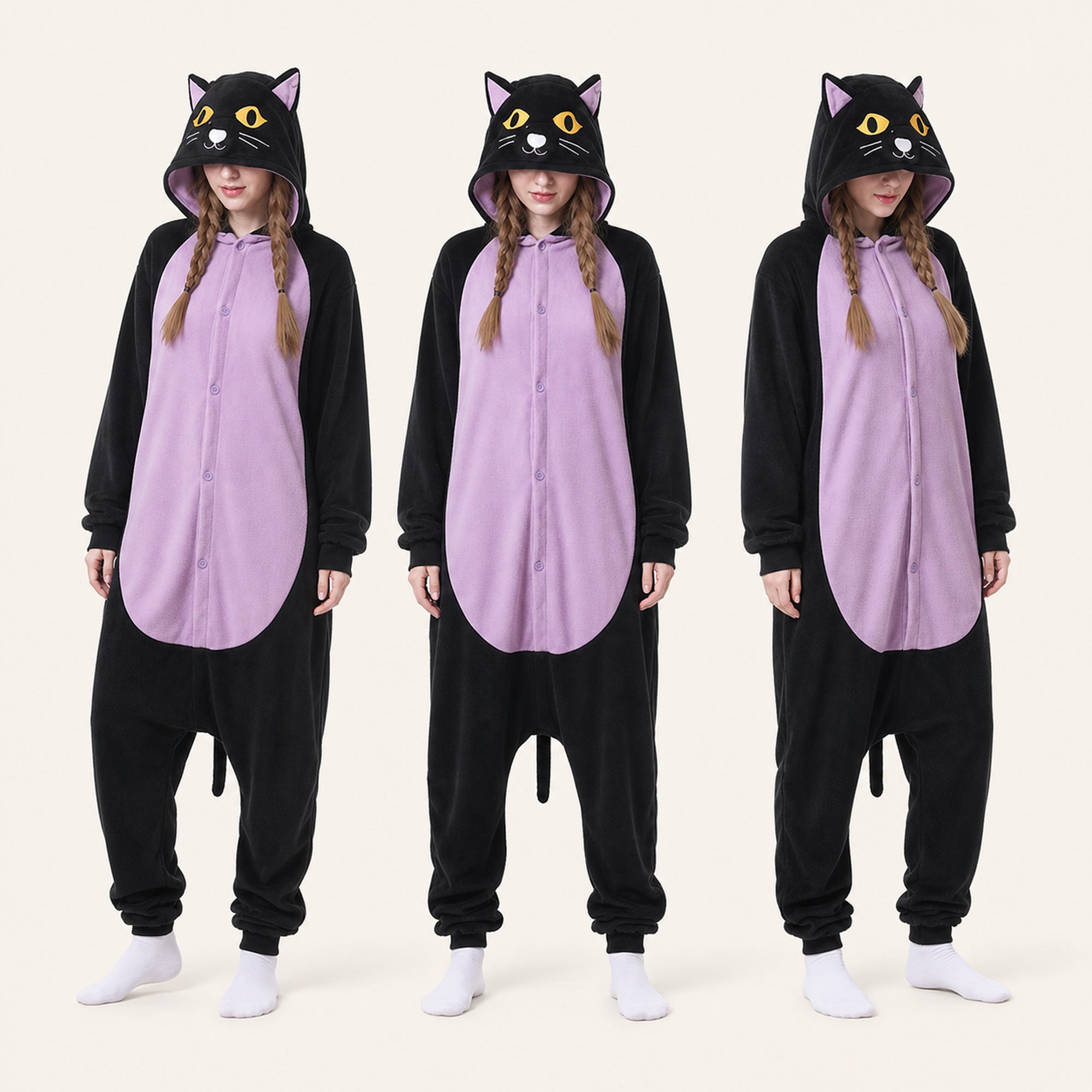 Leoxa black and purple cat kigurumi onesie — 10 color lineup