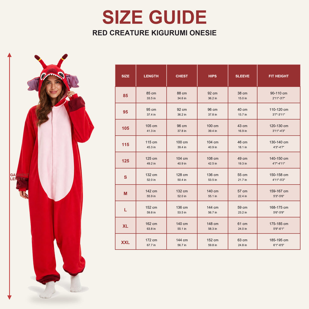 Red Creature Kigurumi Onesie - size guide v3