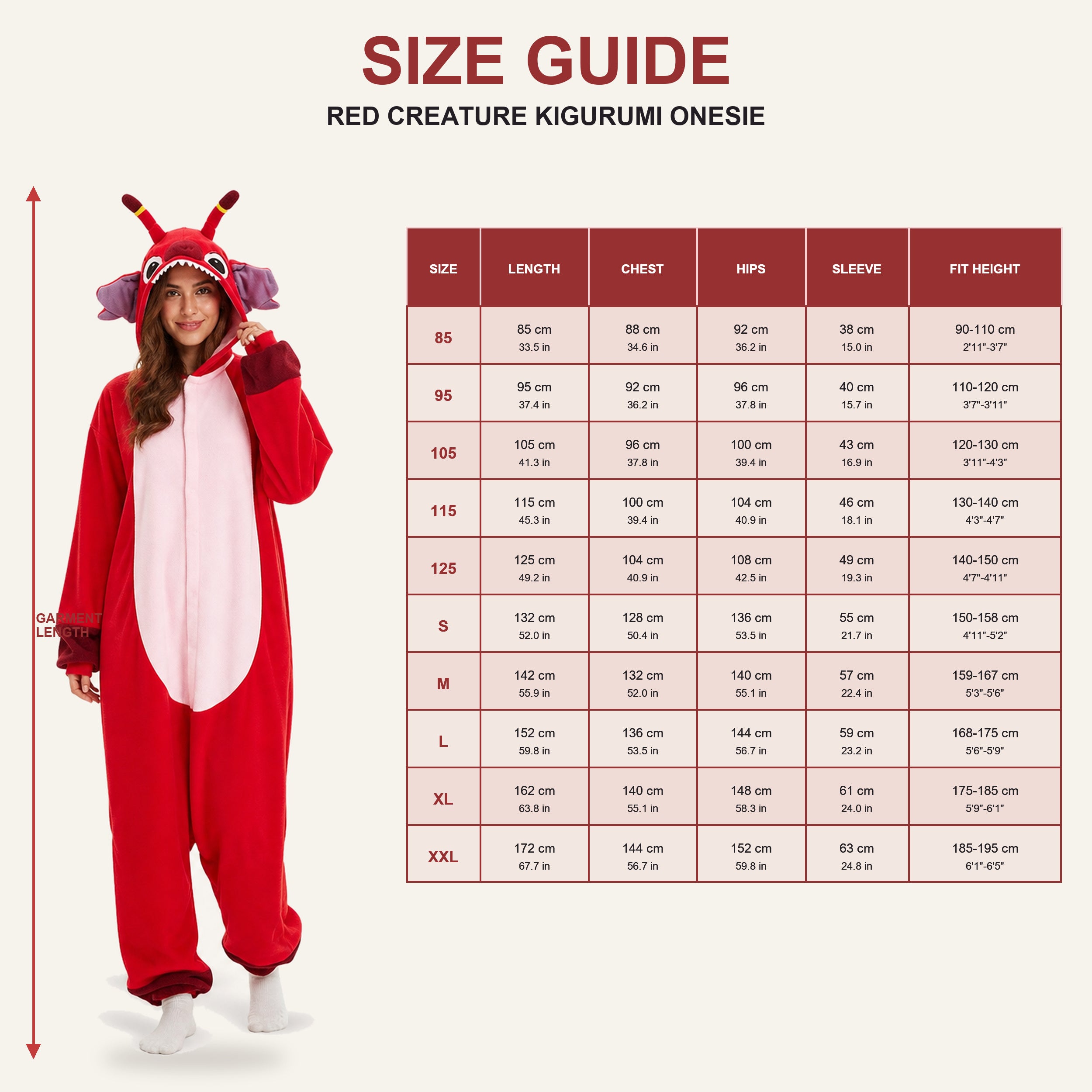 Red Creature Kigurumi Onesie - size guide v3