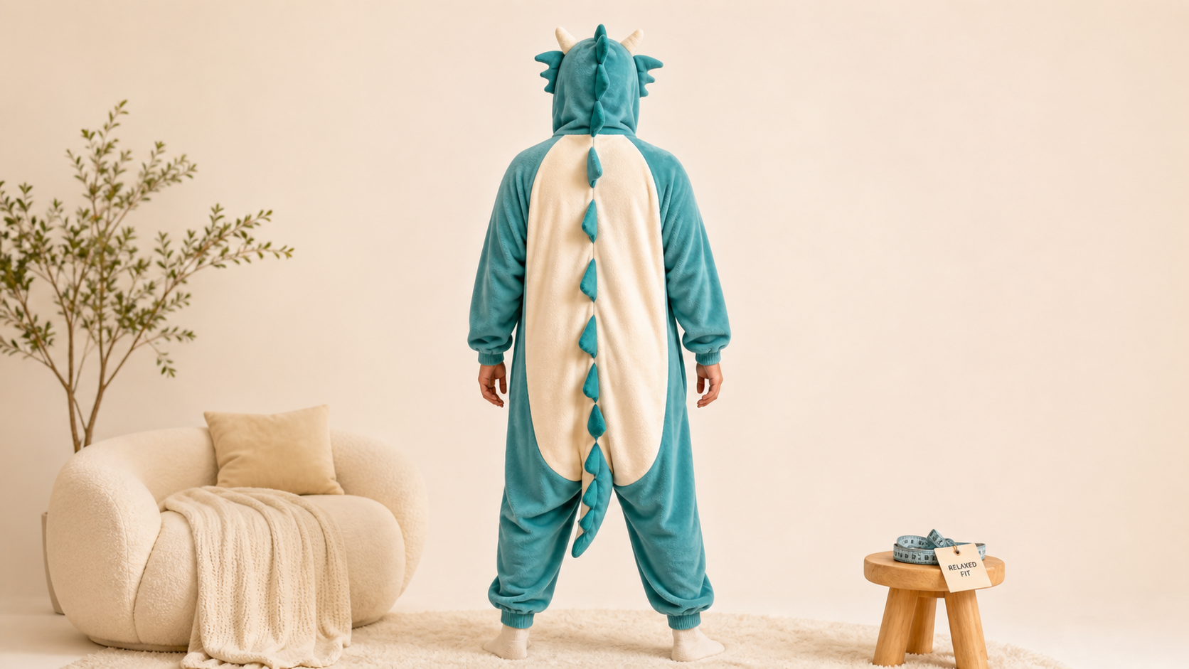 Back view of a teal dragon Kigurumi for the Leoxa size guide