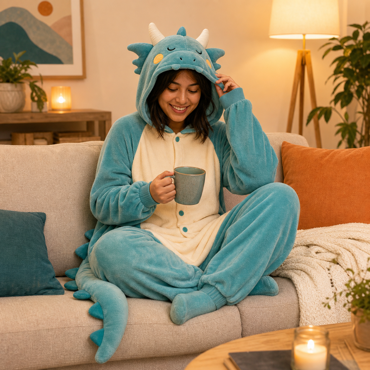 Woman relaxing at home in a teal dragon Kigurumi