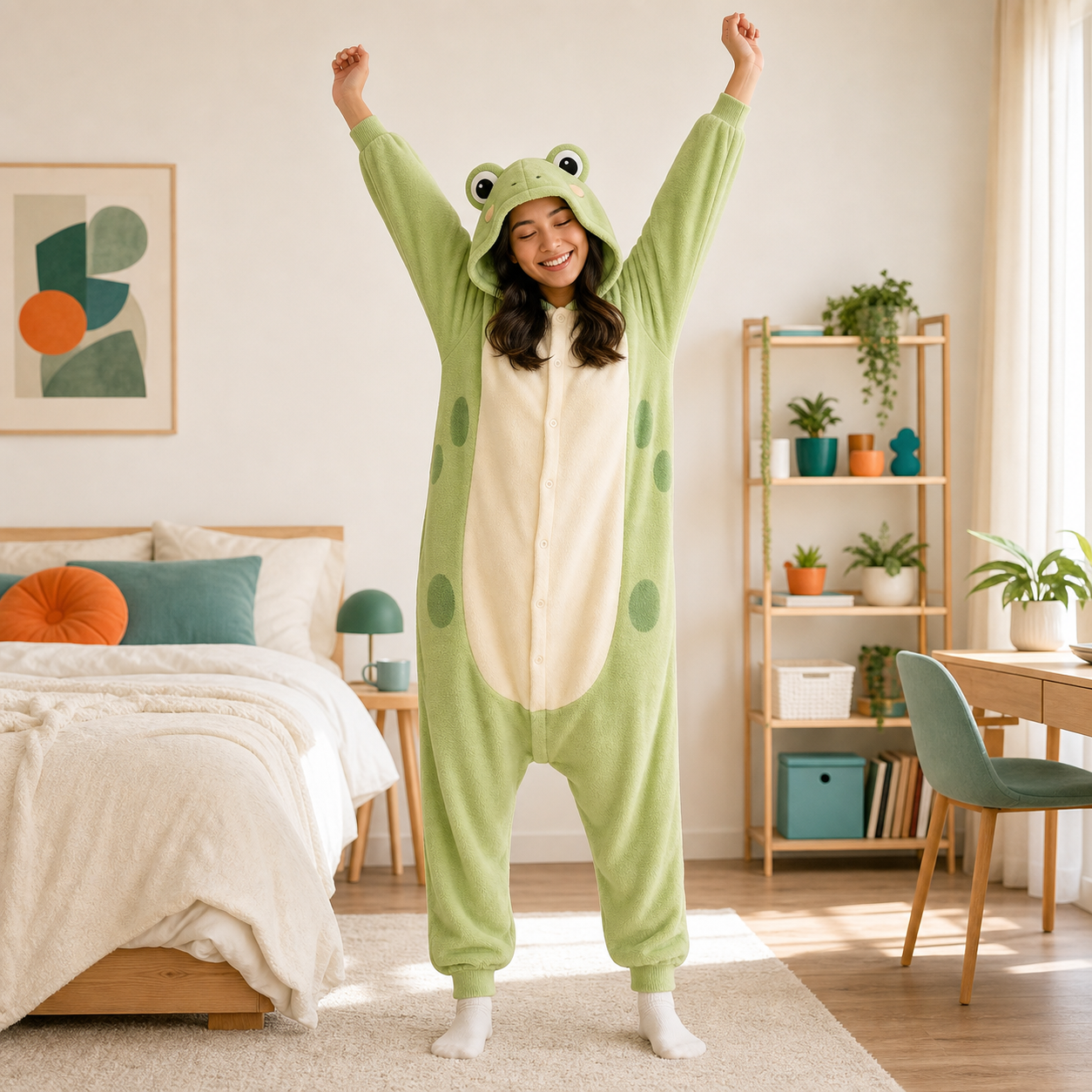Woman showing the roomy fit of a green frog Kigurumi