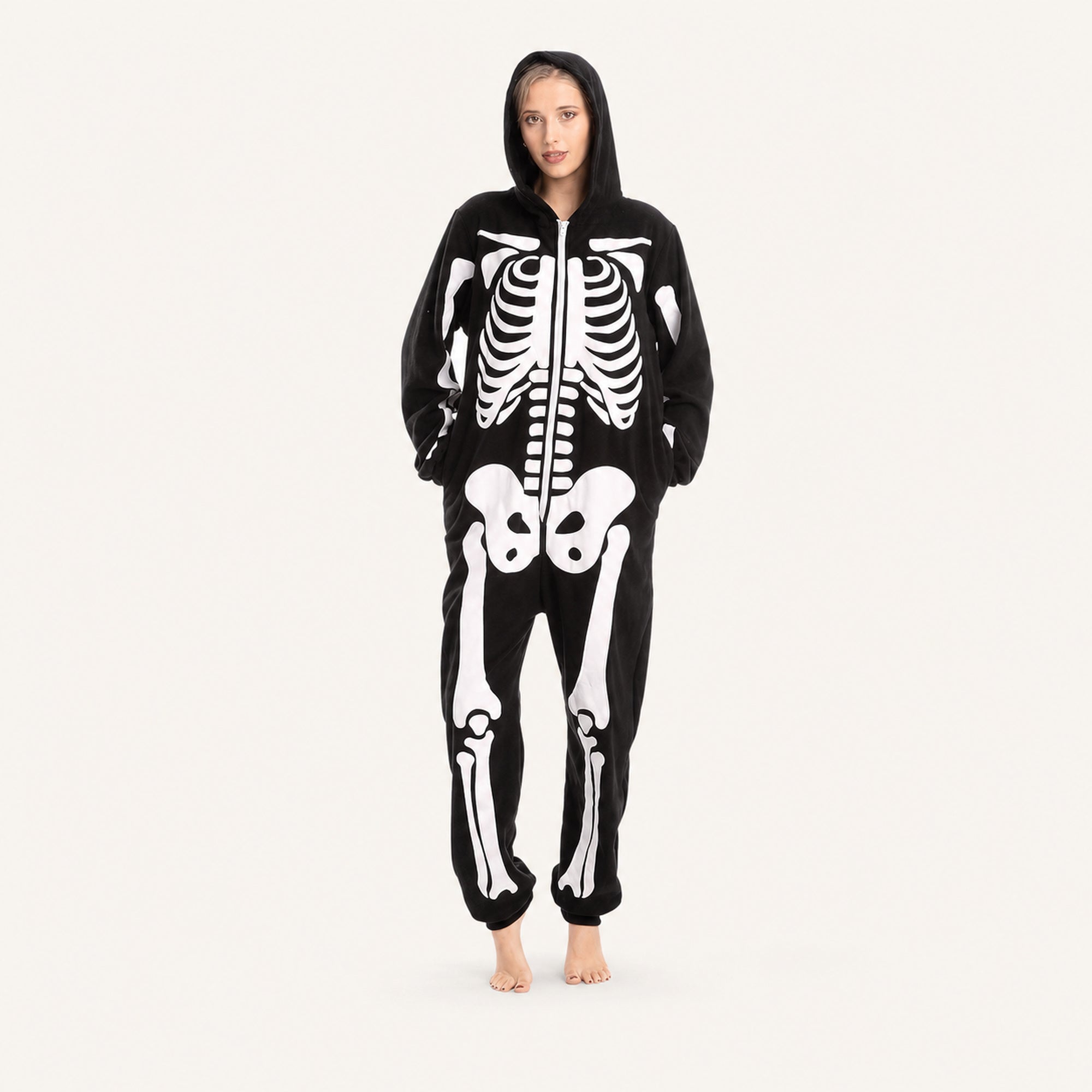 Leoxa black skeleton hooded onesie – 01 hero