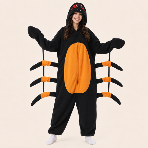 Leoxa black and orange spider kigurumi onesie — 01 hero