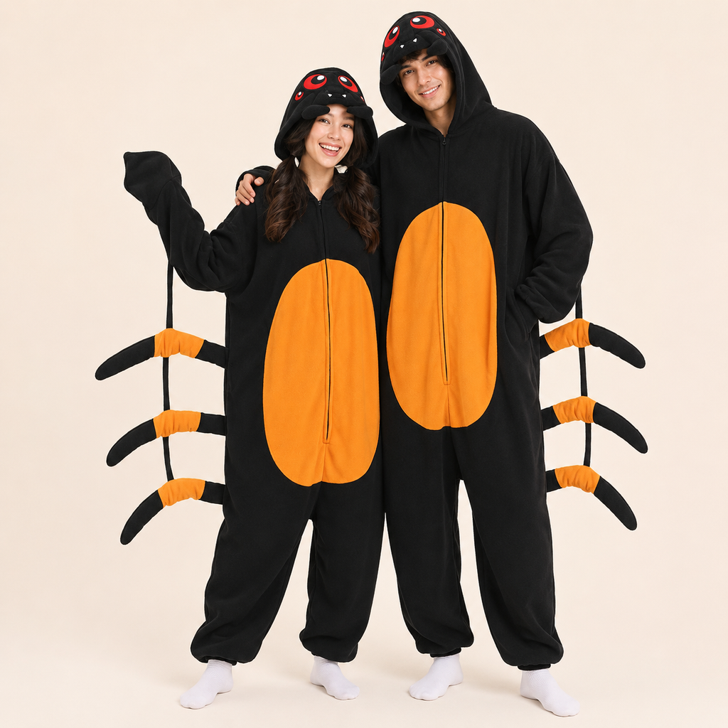 Leoxa black and orange spider kigurumi onesie — 04 matching