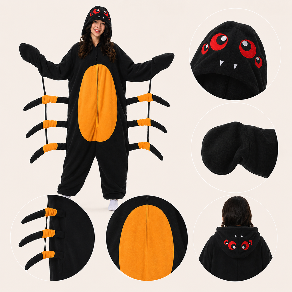 Leoxa black and orange spider kigurumi onesie — 07 feature details