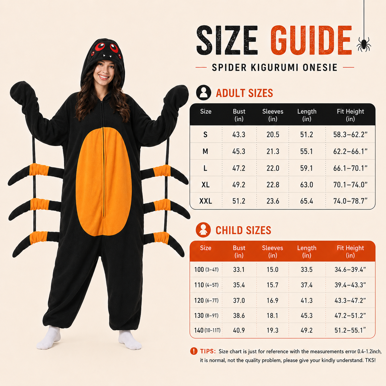 Leoxa black and orange spider kigurumi onesie — 08 size guide