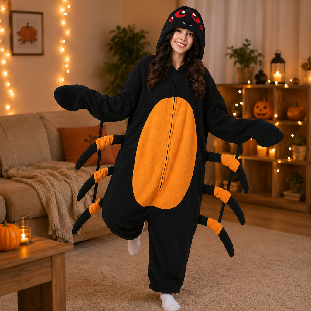 Leoxa black and orange spider kigurumi onesie — 09 lifestyle