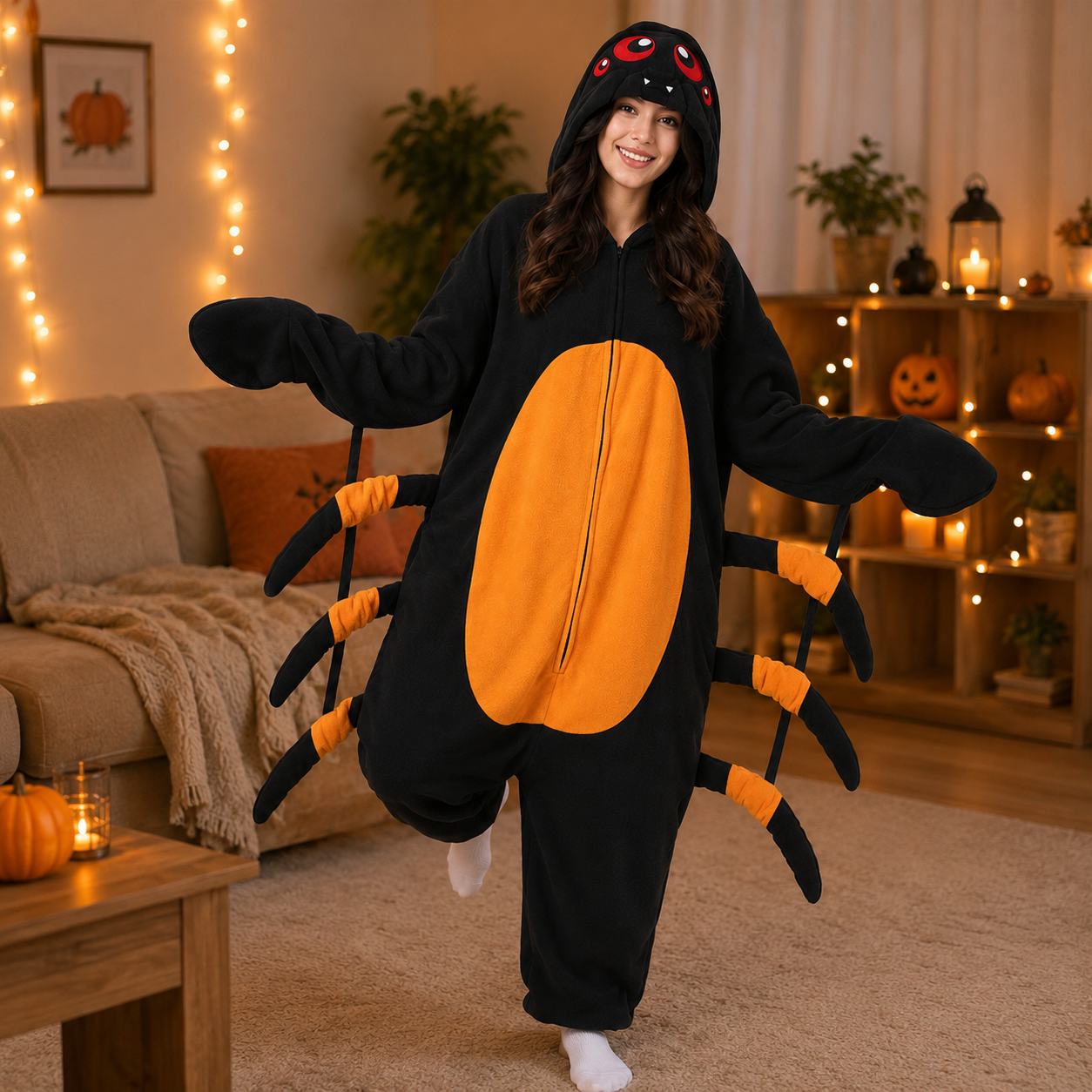 Leoxa black and orange spider kigurumi onesie — 09 lifestyle