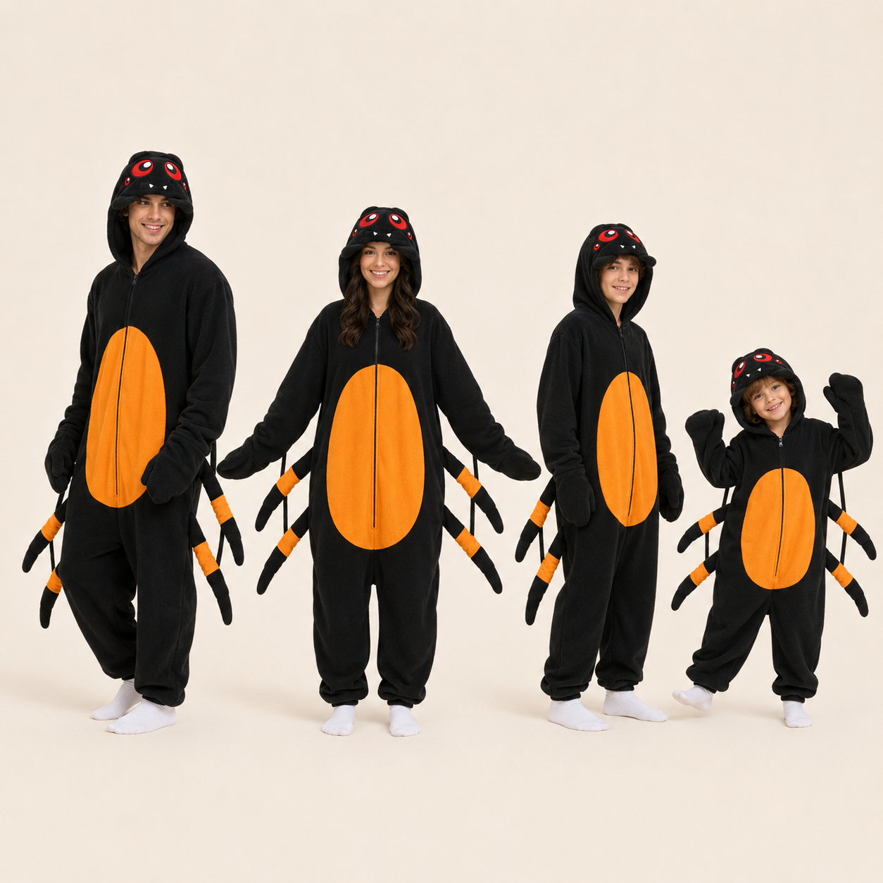 Leoxa black and orange spider kigurumi onesie — 10 variant wearer lineup