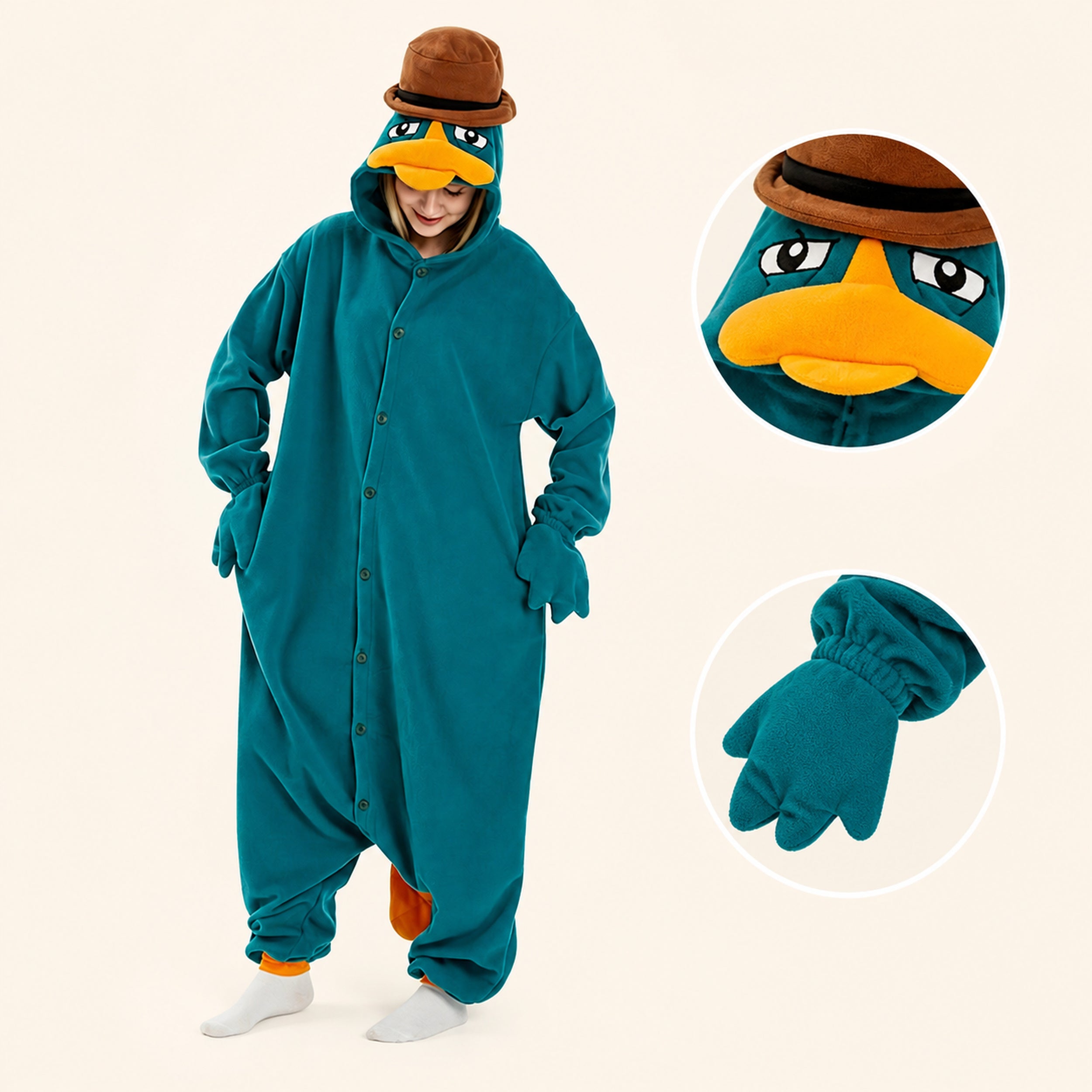 Teal Platypus Kigurumi Onesie - character detail