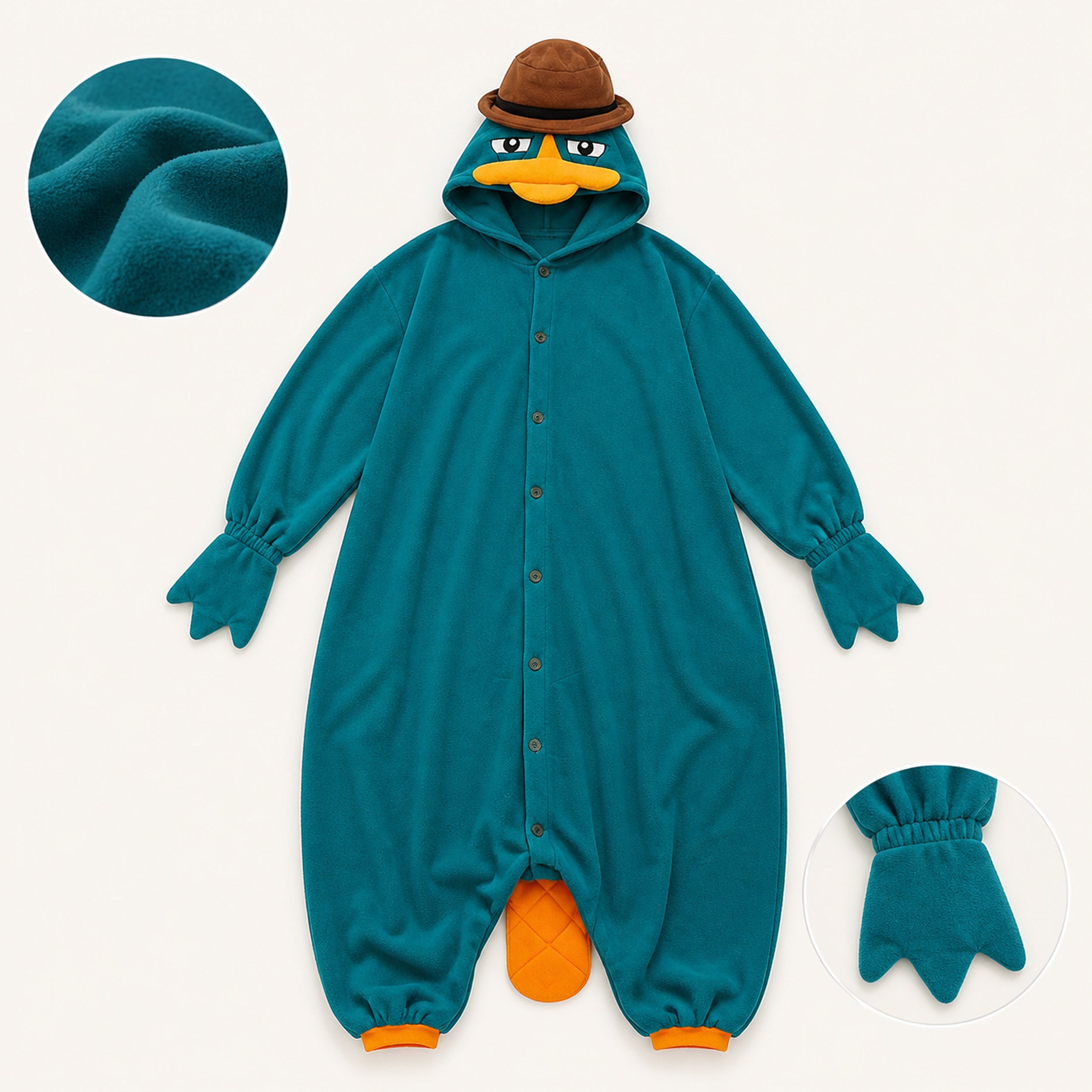Teal Platypus Kigurumi Onesie - fabric detail