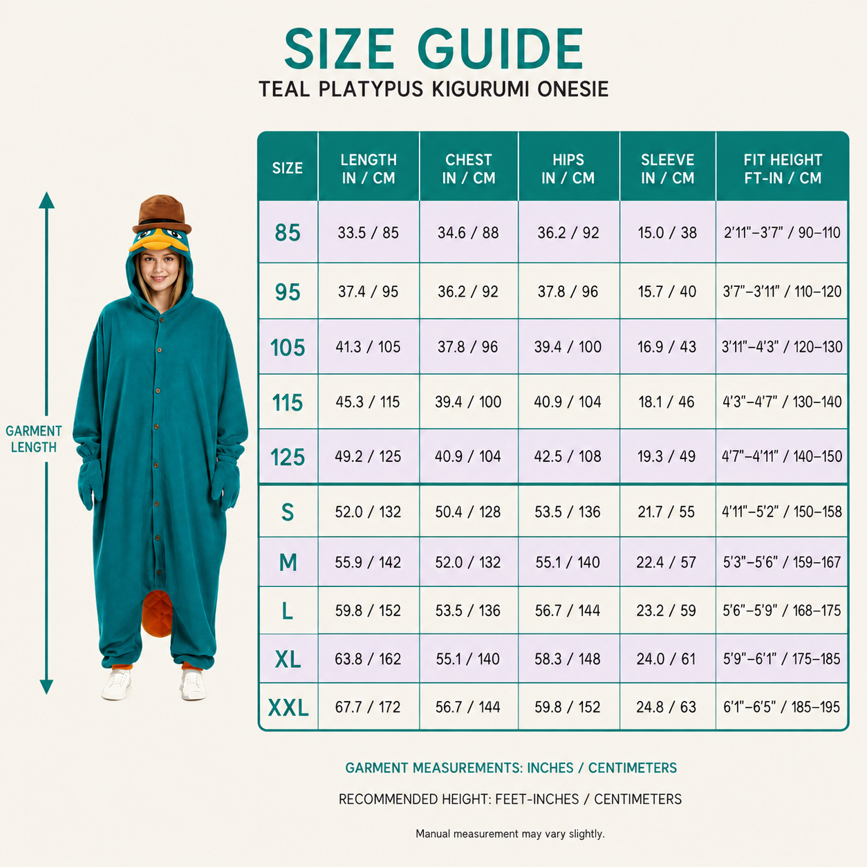 Teal Platypus Kigurumi Onesie - size guide