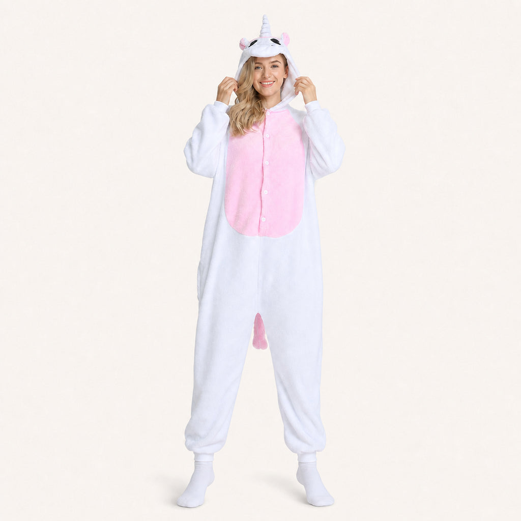 Leoxa white and pink unicorn fleece onesie front view