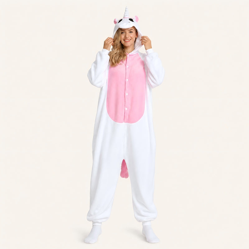 Leoxa white and pink unicorn fleece onesie front view