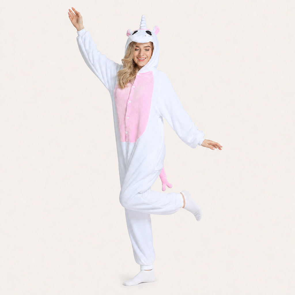 White and pink unicorn onesie styled front view