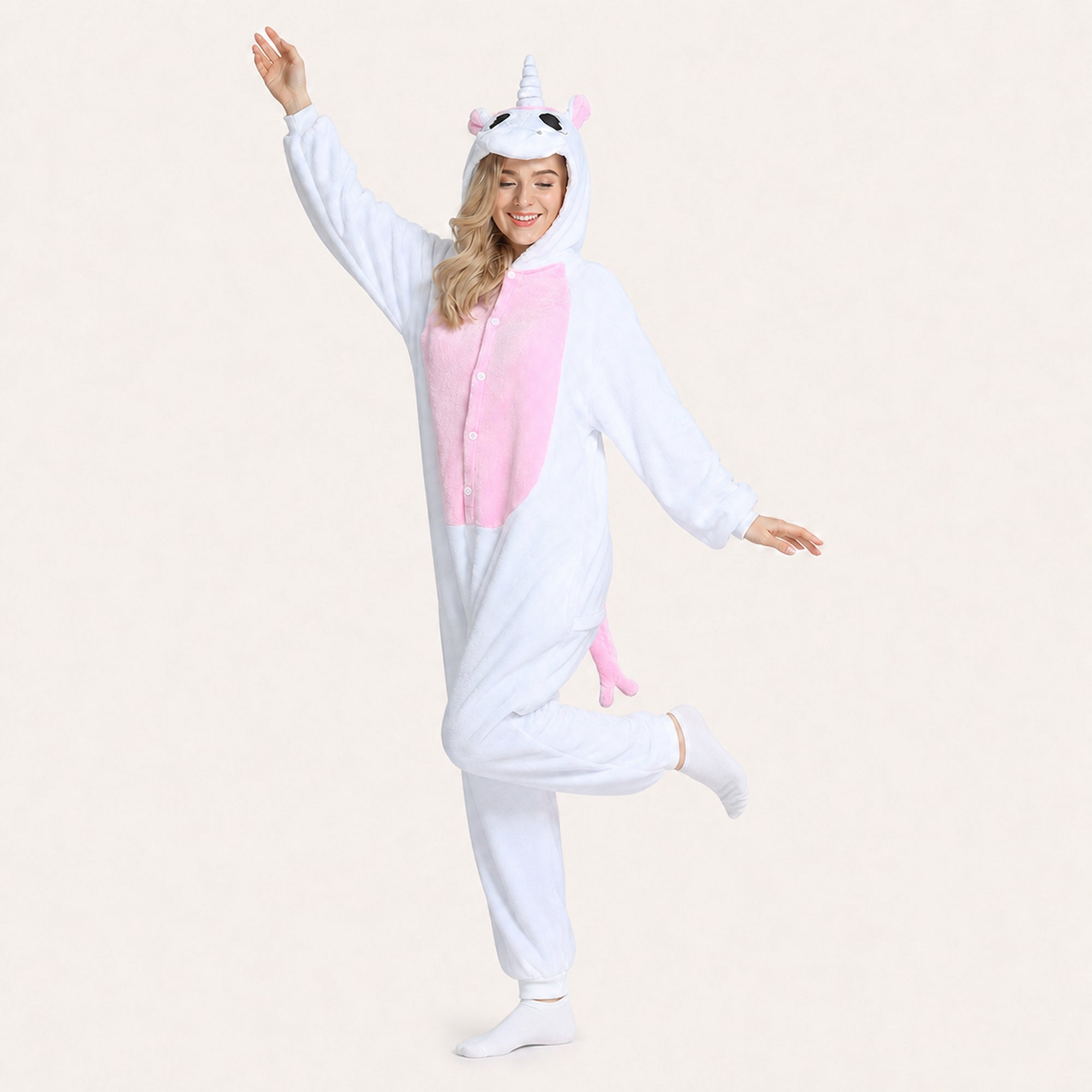 White and pink unicorn onesie styled front view