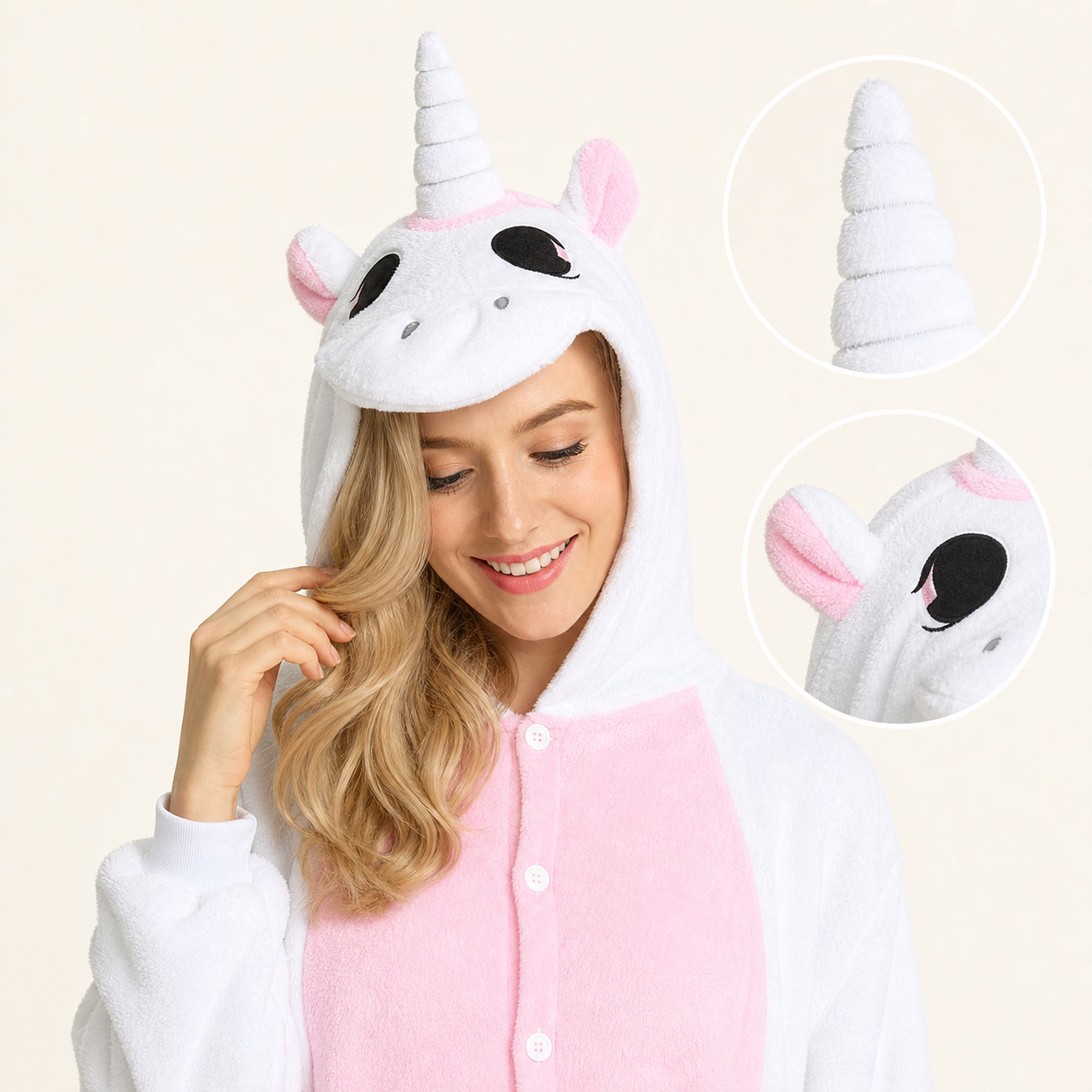 Unicorn hood horn ears and embroidered face detail