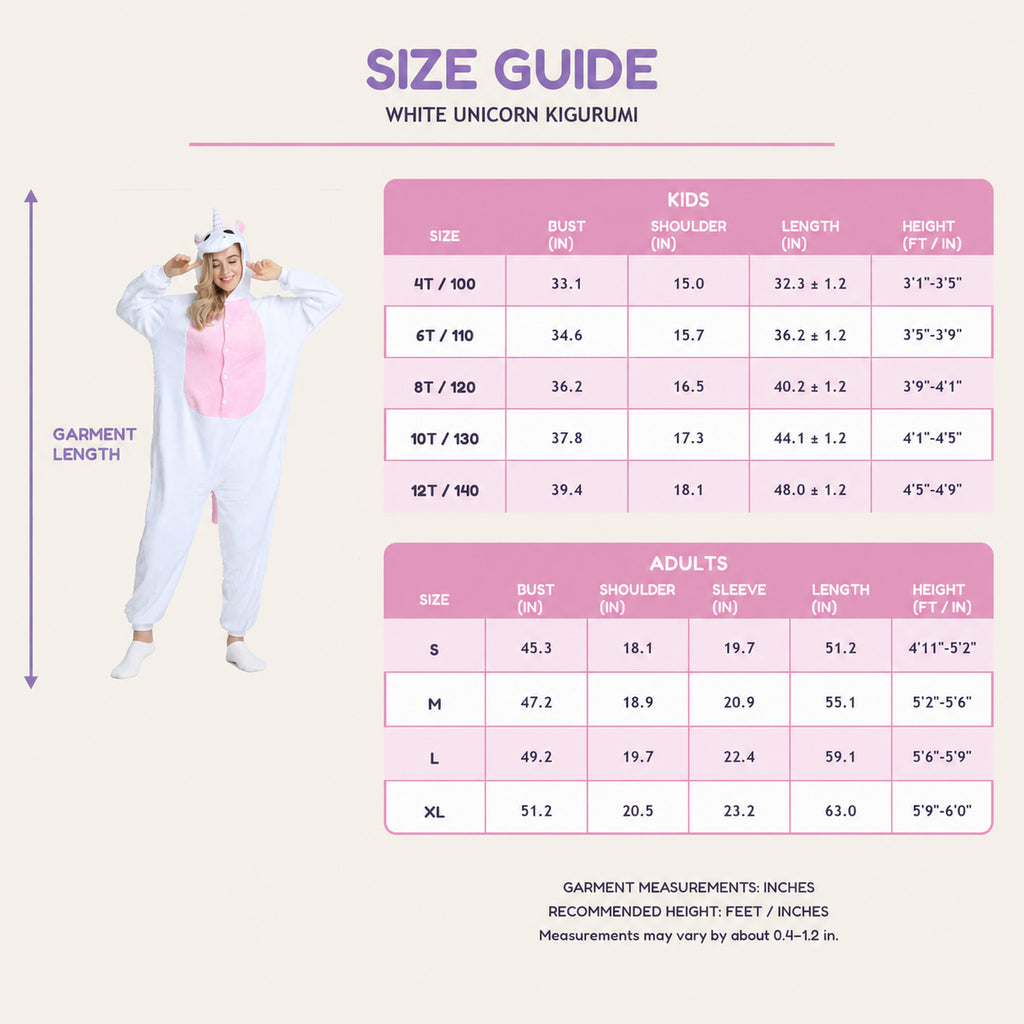 White unicorn kigurumi size guide