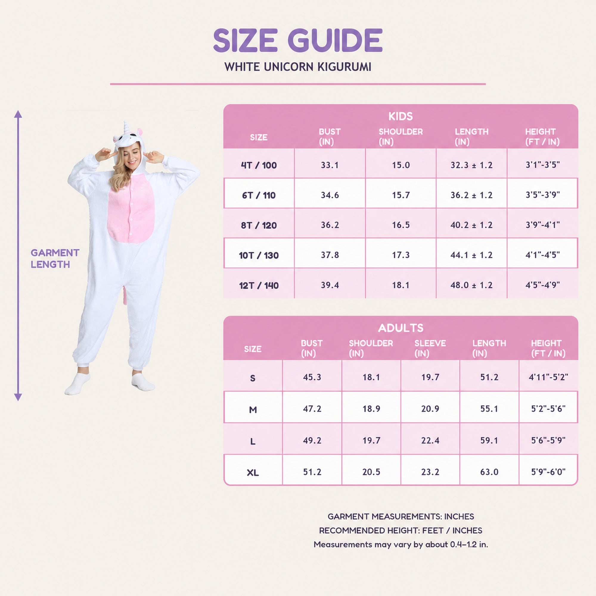 White unicorn kigurumi size guide