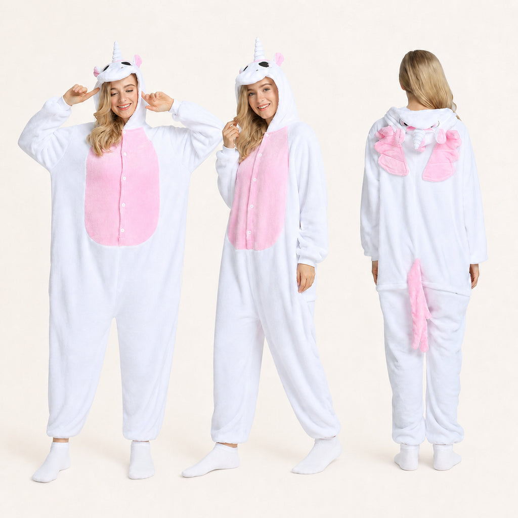 White and pink unicorn onesie front side and back views