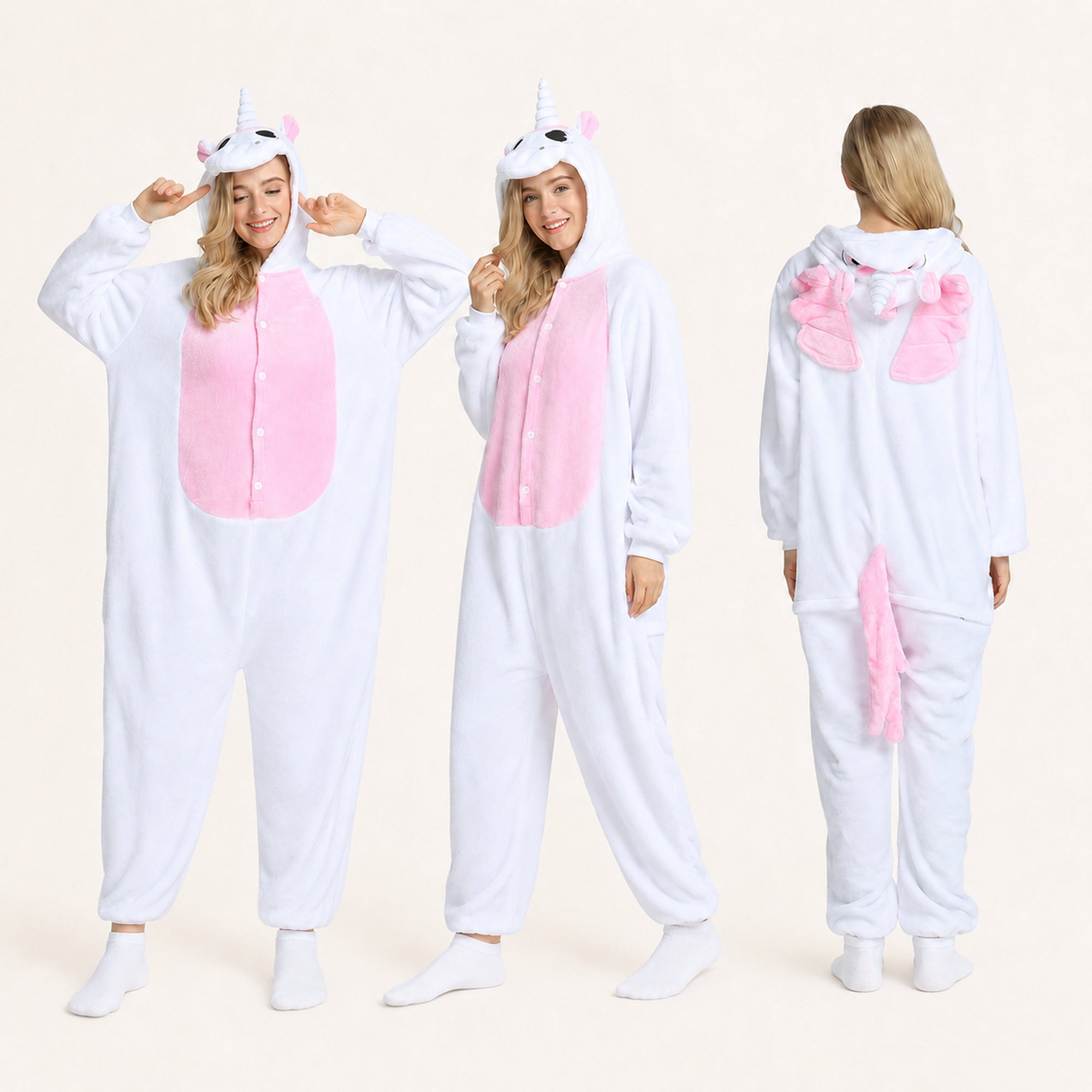 White and pink unicorn onesie front side and back views