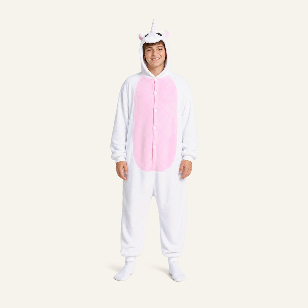 Older child wearing white unicorn onesie