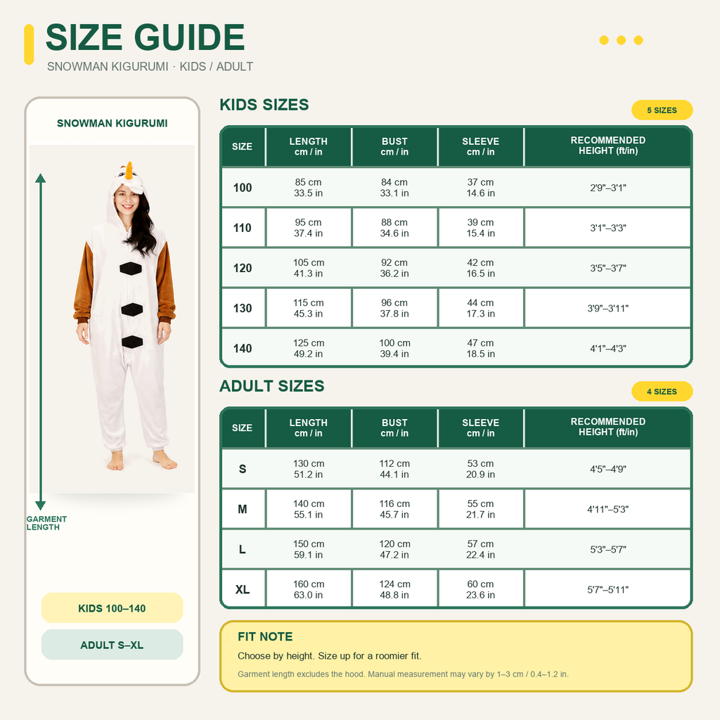Olaf kigurumi onesie — 09 size guide