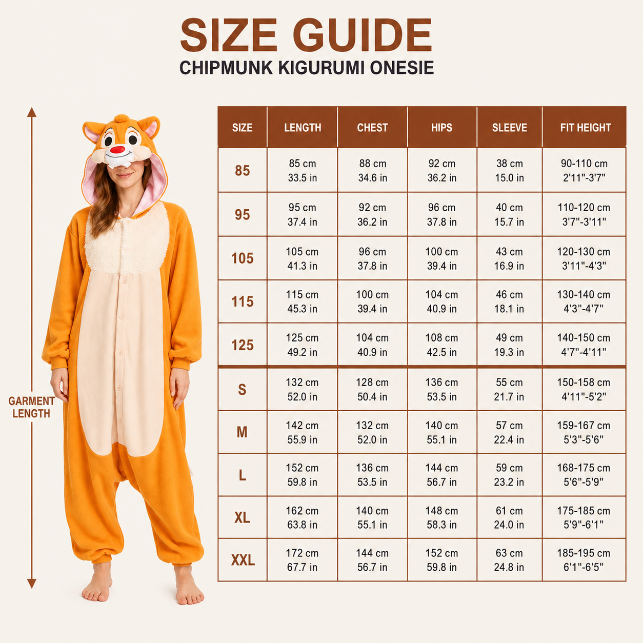Orange Chipmunk kigurumi onesie size guide