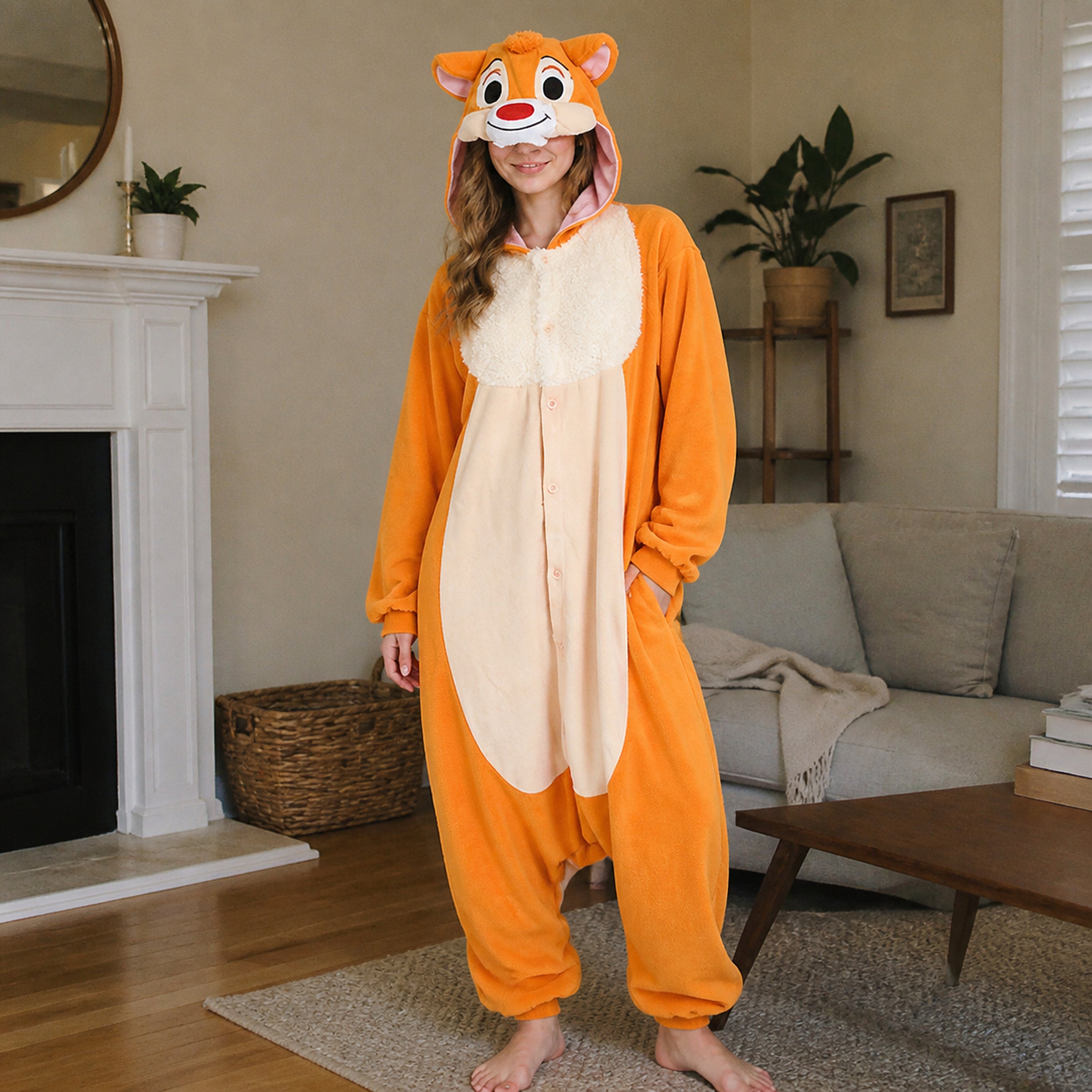 Orange Chipmunk kigurumi onesie lifestyle