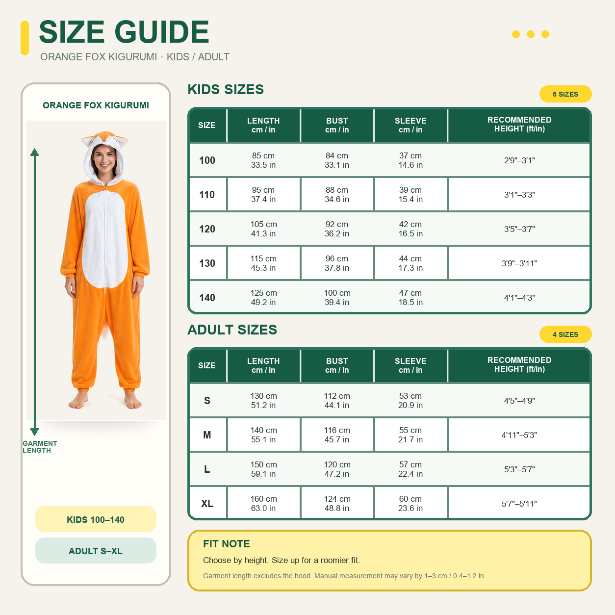 Orange Fox Kigurumi Onesie 09 size guide