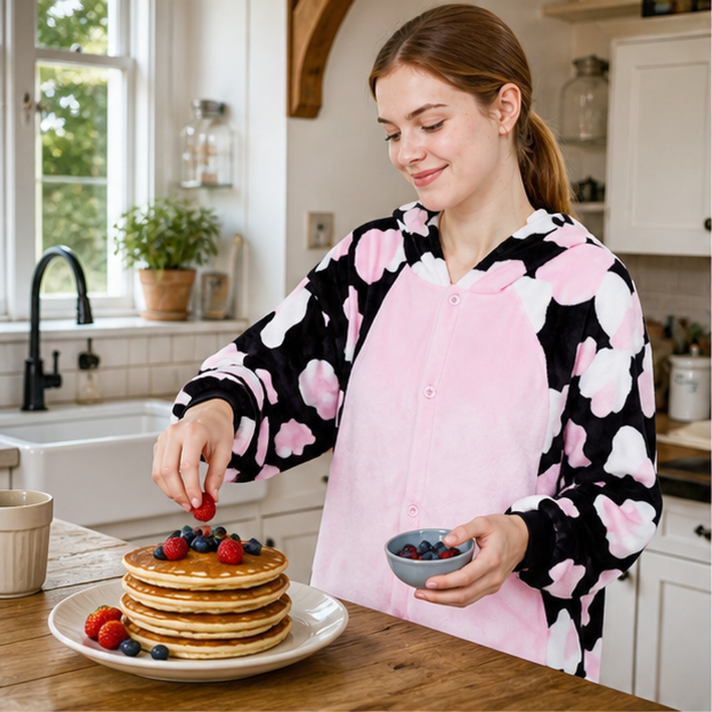 Pink Cow Character kigurumi onesie — 05 home scene
