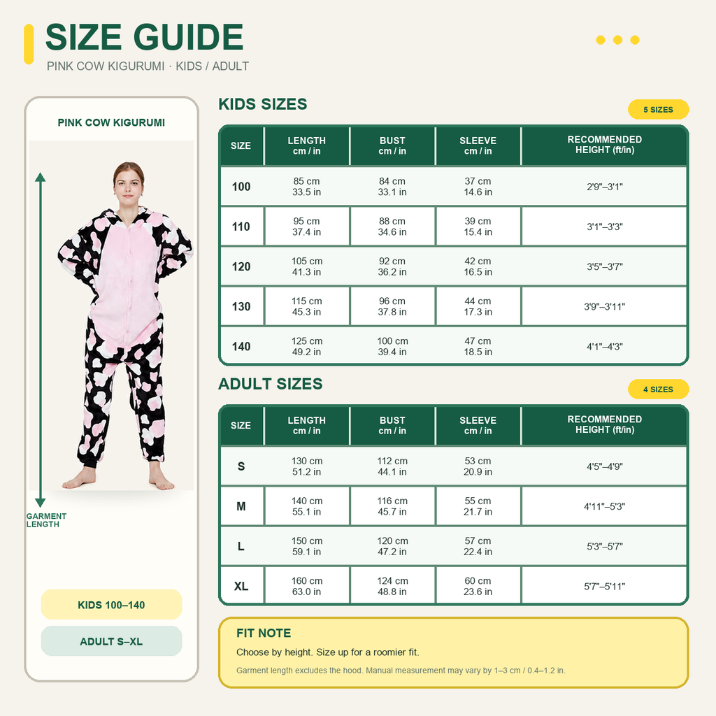 Pink Cow Character kigurumi onesie — 09 size guide