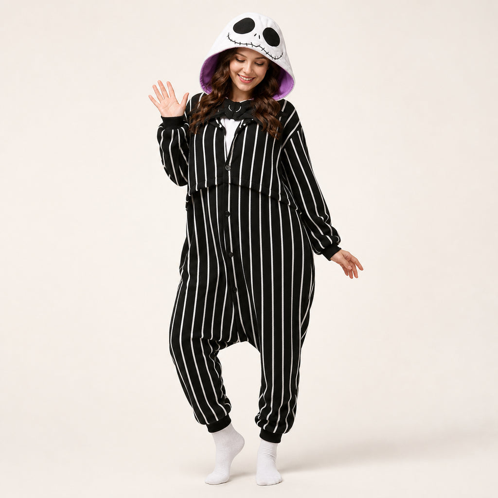 Pinstripe Skull kigurumi onesie in black, white and purple