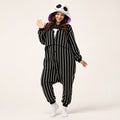 Pinstripe Skull kigurumi onesie in black, white and purple