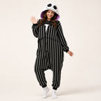 Pinstripe Skull kigurumi onesie in black, white and purple