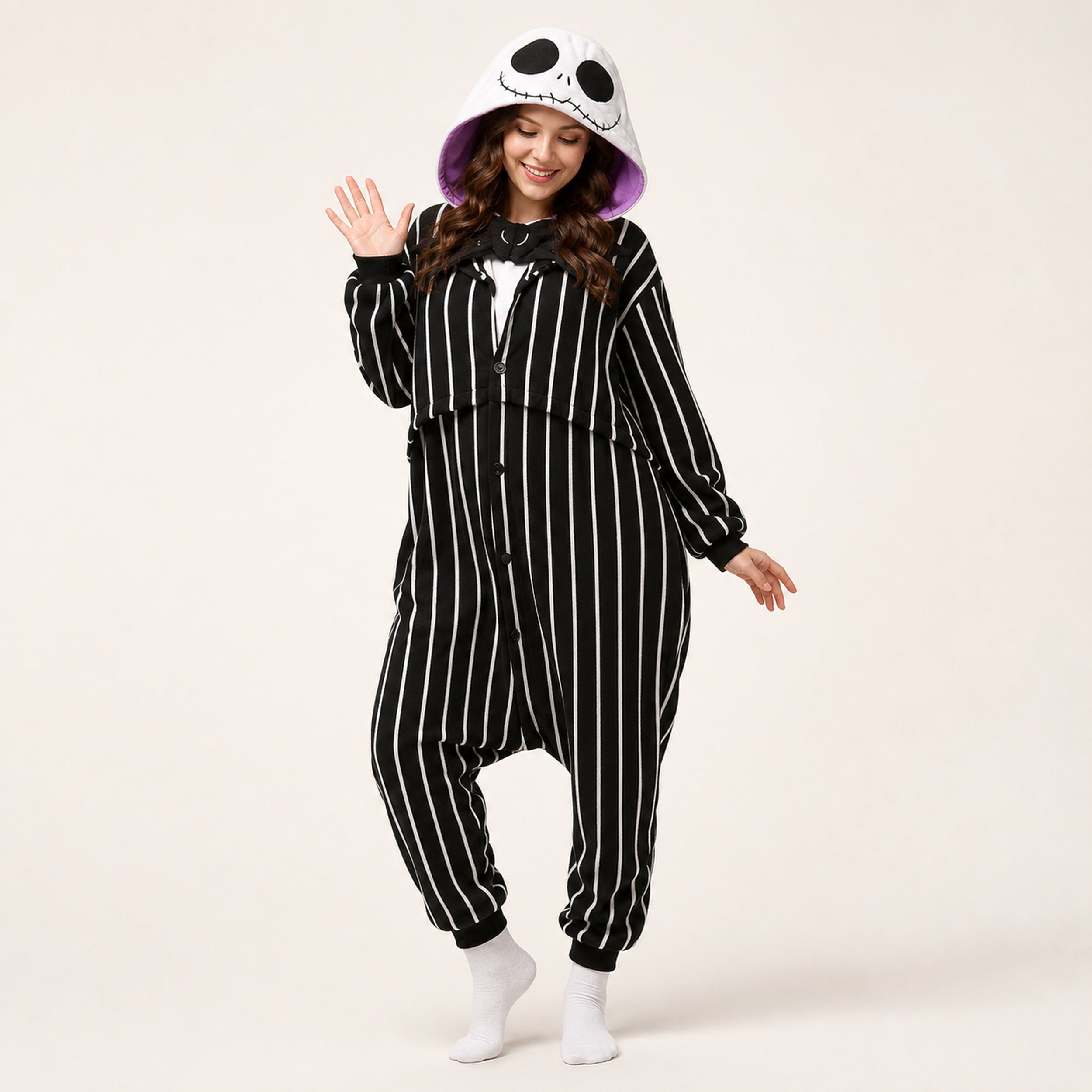 Pinstripe Skull kigurumi onesie in black, white and purple