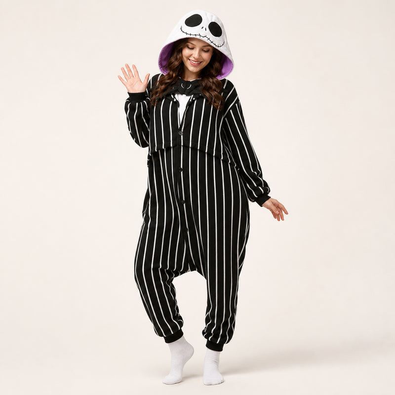 Pinstripe Skull kigurumi onesie in black, white and purple