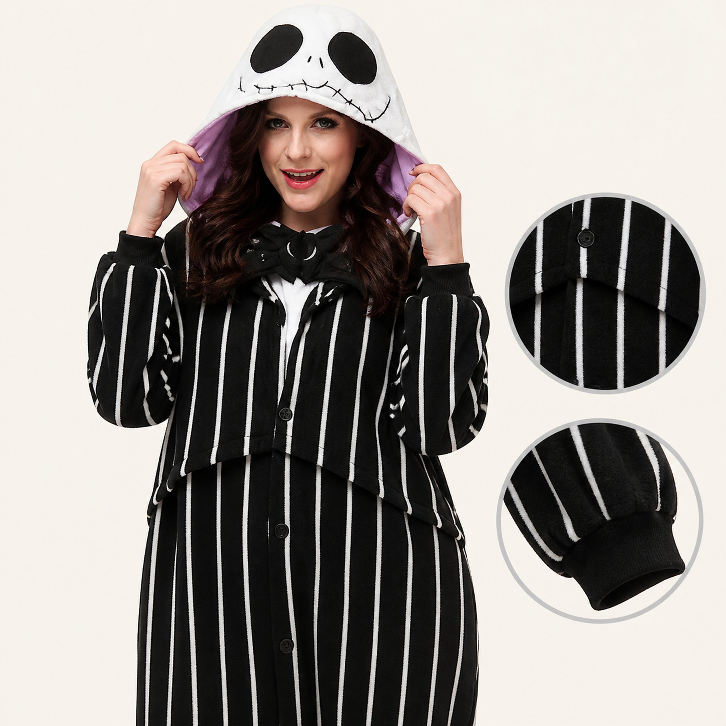 Pinstripe Skull kigurumi onesie feature details