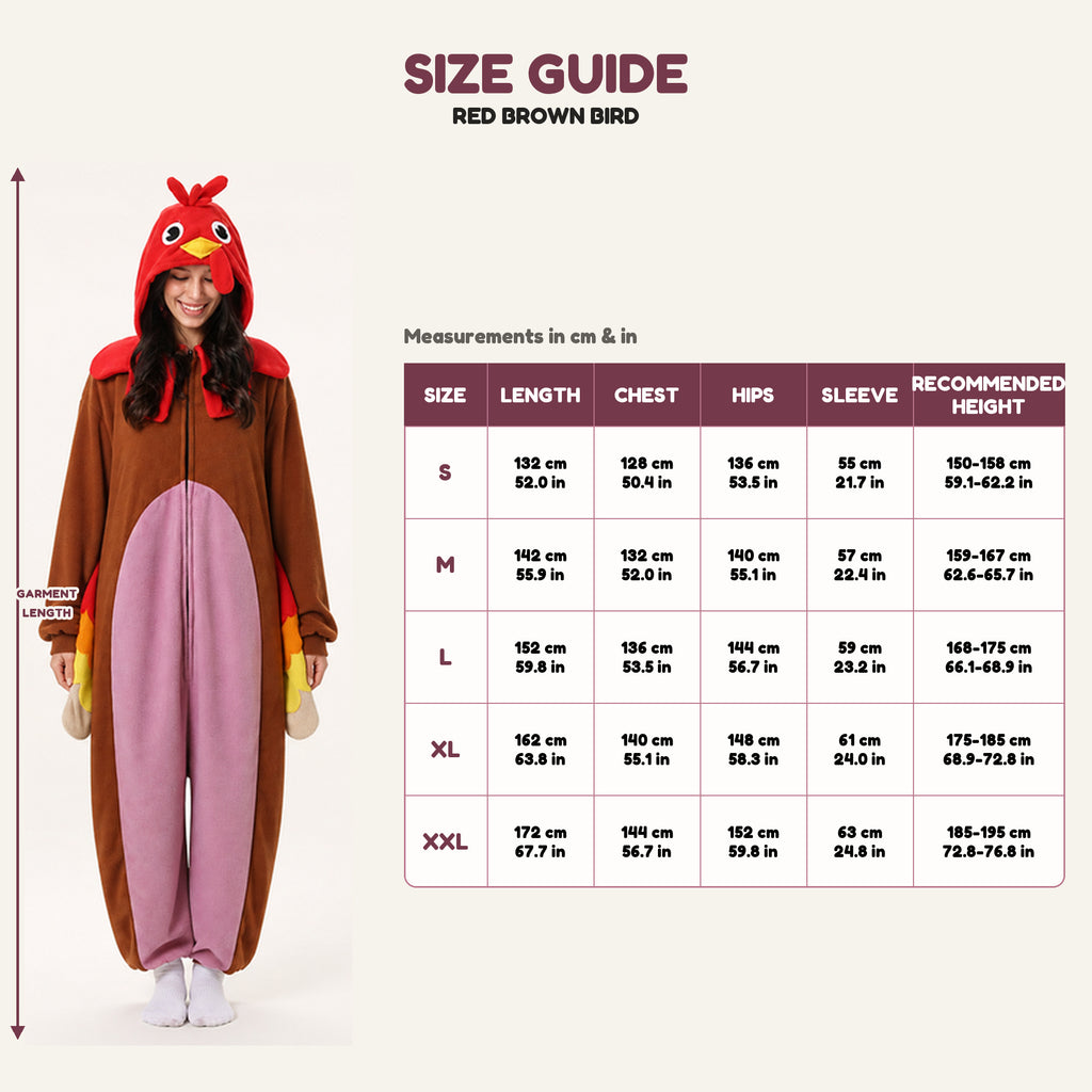 Red Brown Bird Kigurumi Onesie size guide