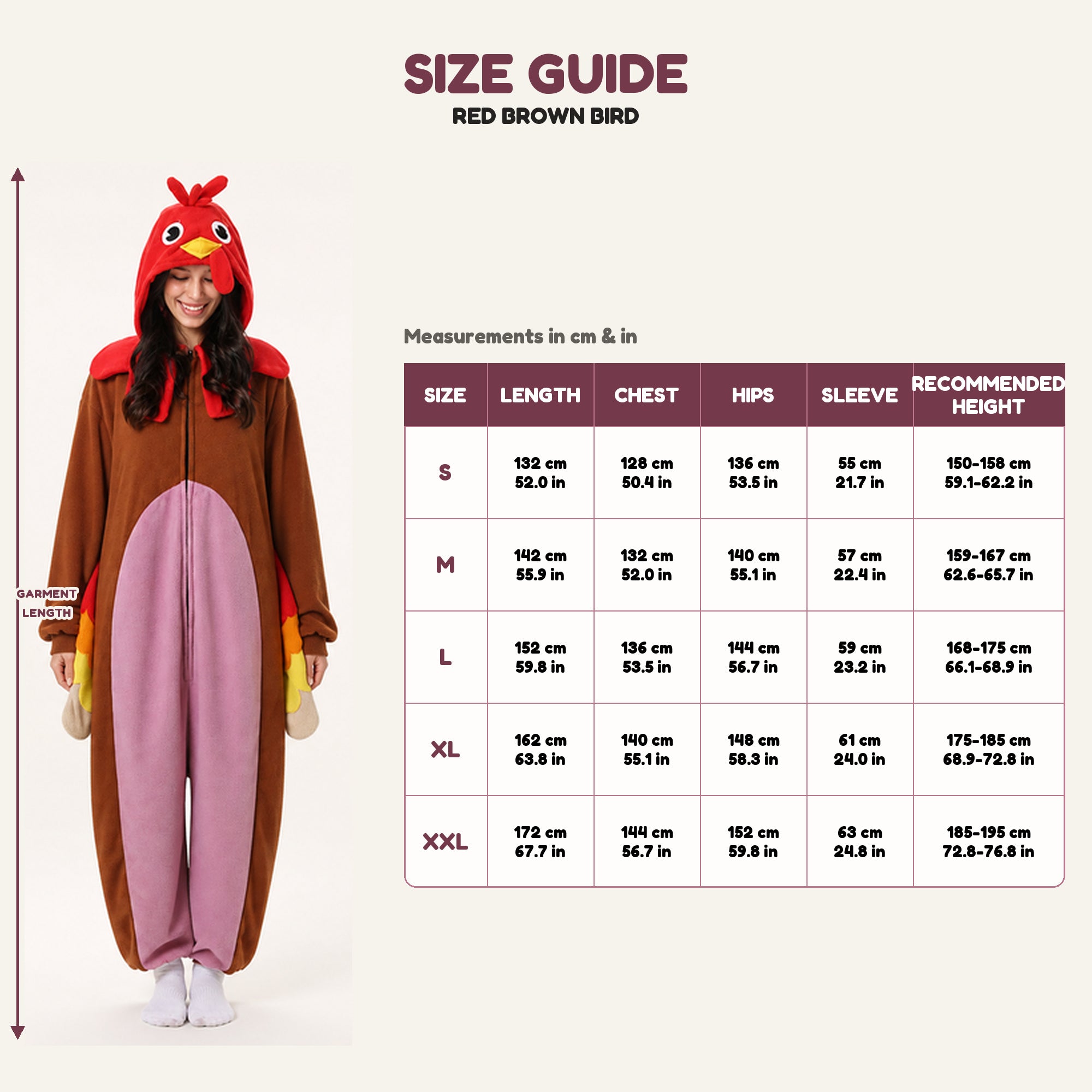 Red Brown Bird Kigurumi Onesie size guide