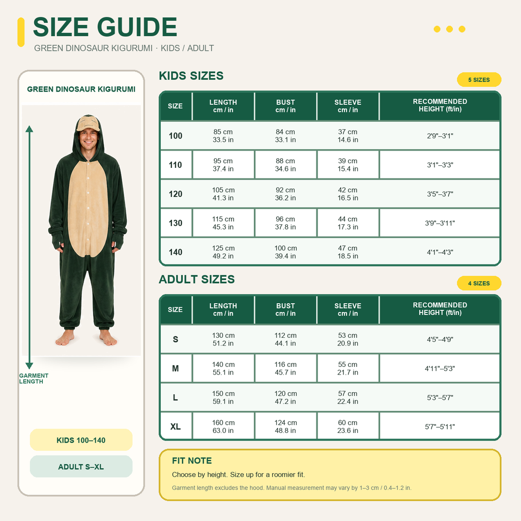 Snorlax Green Pokémon Kigurumi Onesie 09 size guide