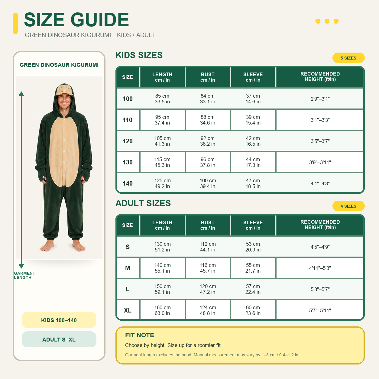 Snorlax Green Pokémon Kigurumi Onesie 09 size guide