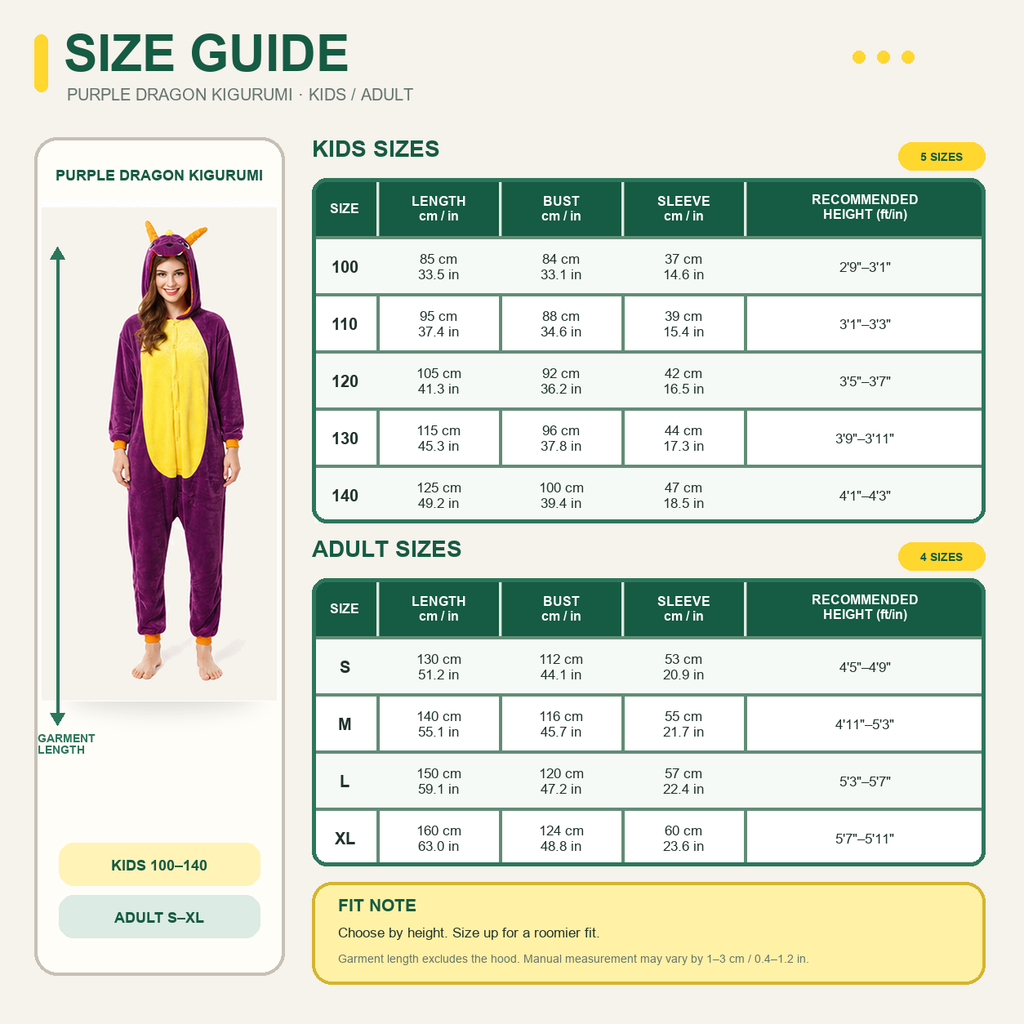 Spyro the Dragon kigurumi onesie — 09 size guide